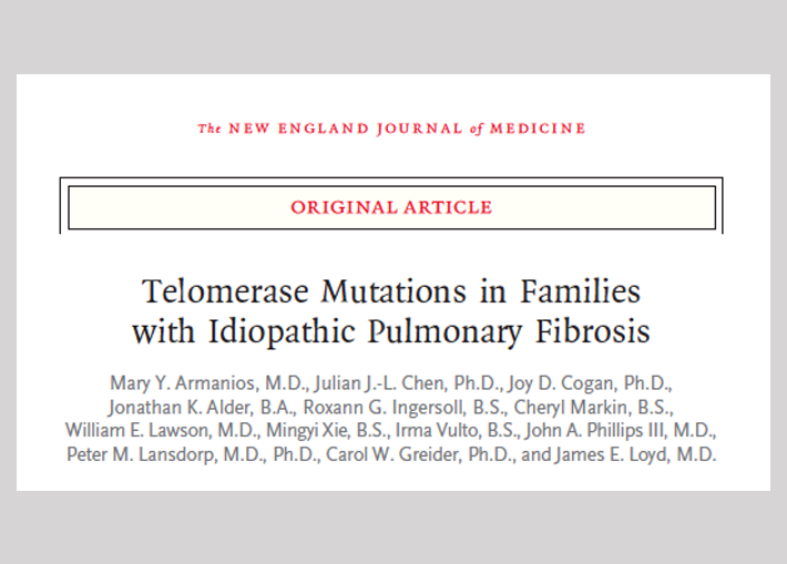 Studies of families with pulmonary fibrosis revealed mutations in telomerase genes (TERT and TERC) cause pulmonary fibrosis in families (Armanios et al. NEJM 2007. 356:1317-26.)