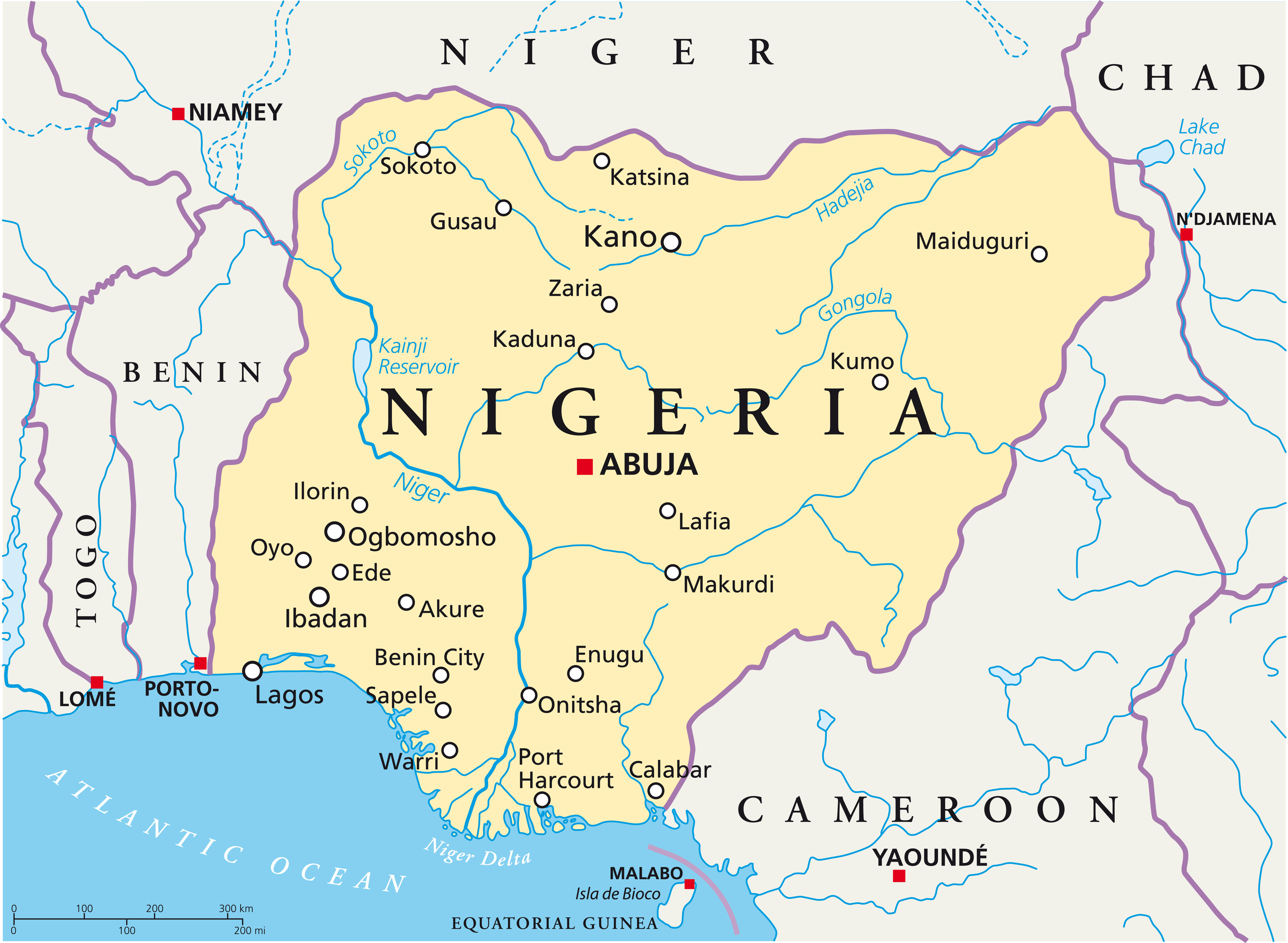 A map of Nigeria with major cities marked, and other bordering African countries identified.