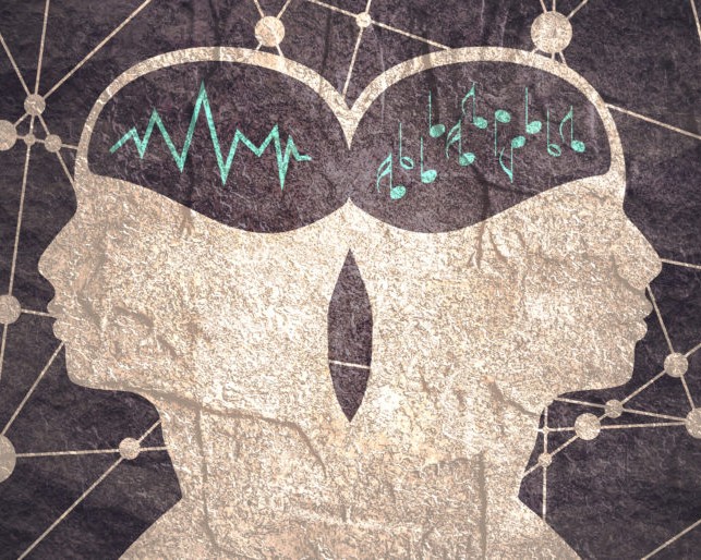 An illustration of two human heads back to back with musical notes and brain wave activity lines.