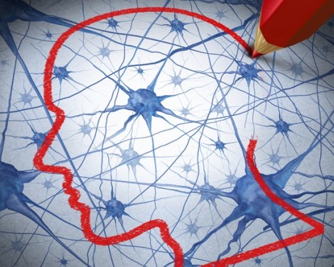 Illustration of the red outline of a human head in profile with blue and white lines representing brain waves.